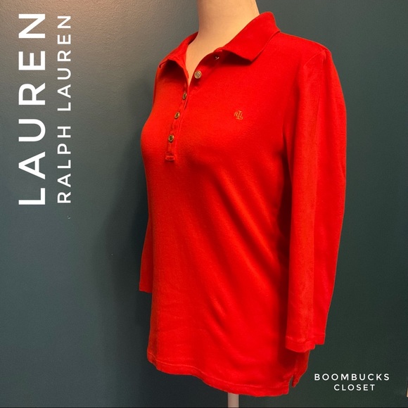 Lauren Ralph Lauren Red Orange 3/4 sleeve Polo Shirt - Picture 4 of 13